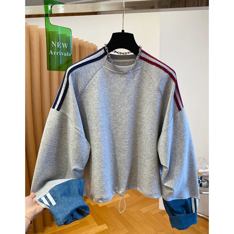 高级感短款灰色卫衣女2025新款宽松休闲设计感小众别致拼接上衣春