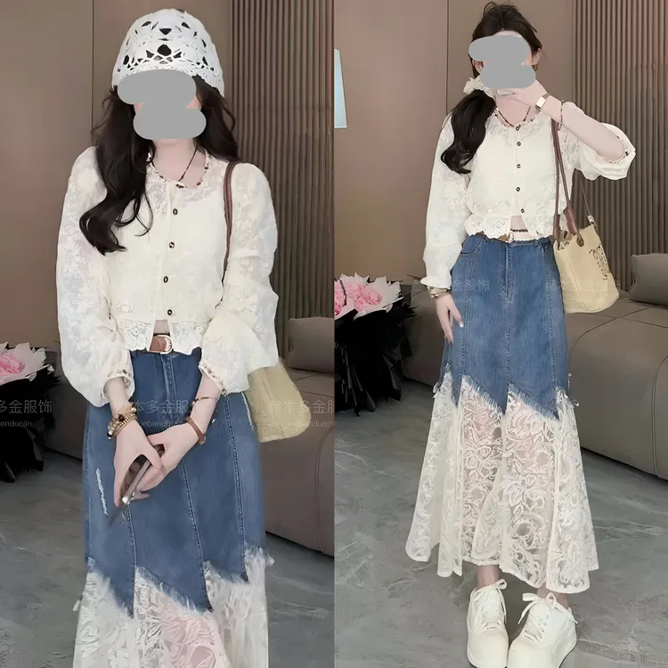 小众女装秋冬防晒蕾丝开衫外套百搭拼接牛仔半身裙套装洋气衣服女