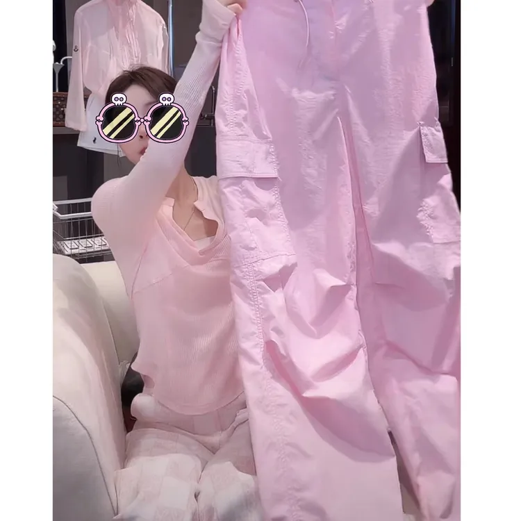 早秋褶皱多口袋抽绳工装裤女夏季新款时尚休闲百搭遮肉显瘦阔腿裤