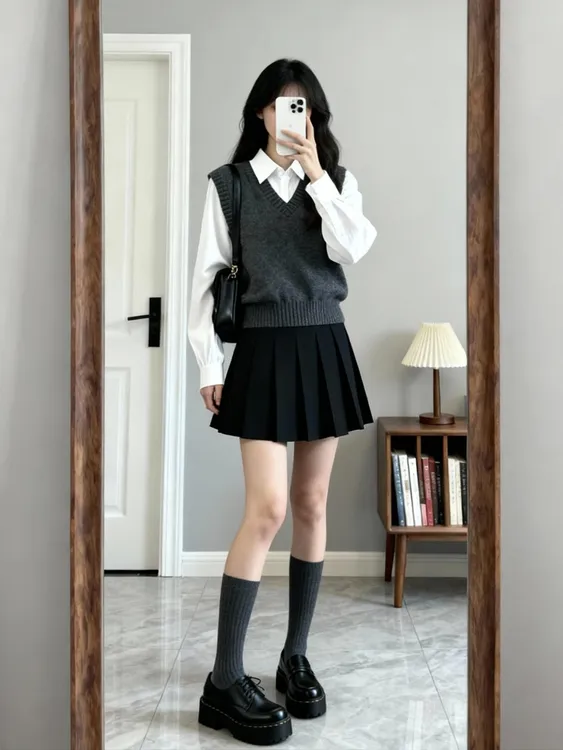 【偷偷藏不住】法式少女学员气质灰色马甲白色衬衫黑色百褶半身裙