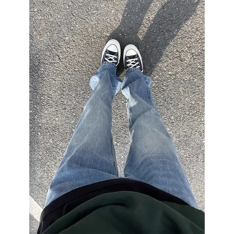 浅蓝色cleanfit牛仔裤男款春季美式高街vibe裤子高腰直筒微喇长裤