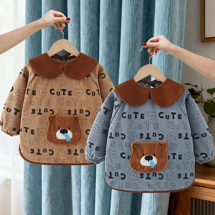 宝宝罩衣吃饭防水防脏儿童围裙秋冬新款长袖婴儿辅食围兜反穿护衣