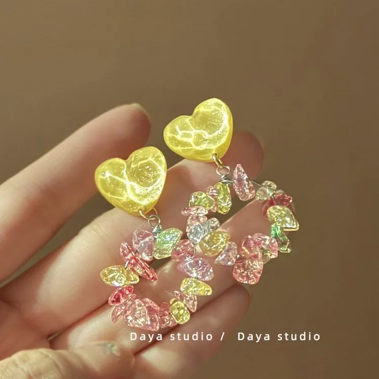合金亚克力耳饰 彩色爱心碎石耳钉饰品超仙夏日法式波光耳环耳气