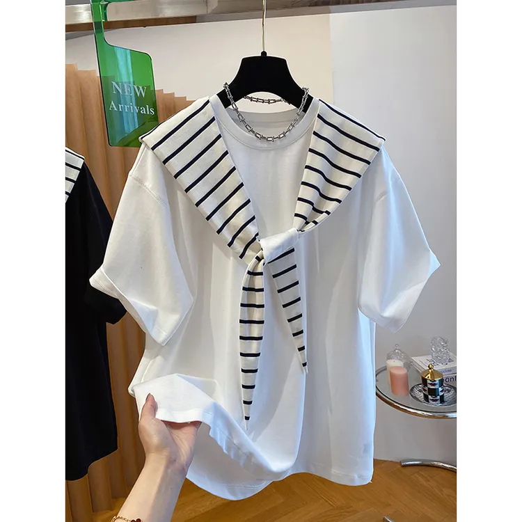 高级感连帽宽松大版条纹披肩假两件女短袖设计感上衣2025夏季新款