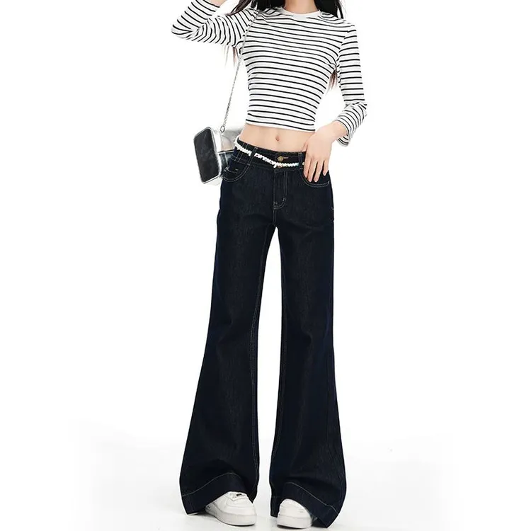 JWUW秋季防褪色慵懒复古双扣高腰微喇牛仔裤女百搭显高拖地长裤子