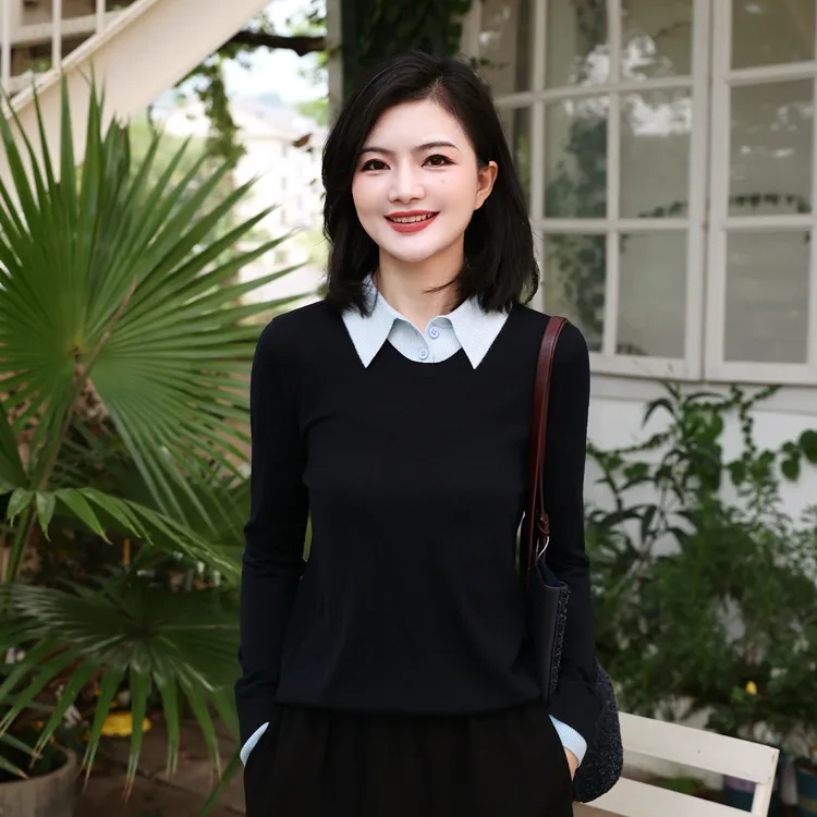  【撞色假两件】枫竺阿楠anan撞色翻领绵羊毛针织衫女秋冬通勤毛衣