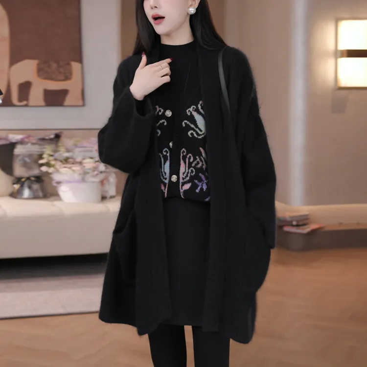 黑色中长款针织开衫女士秋冬慵懒高级感洋气宽松显瘦毛衣外套上衣