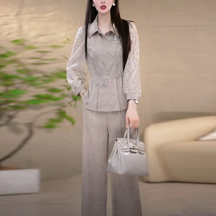 云丝缎气质阔腿裤套装2025春季新款时尚显瘦轻奢减龄女神范两件套