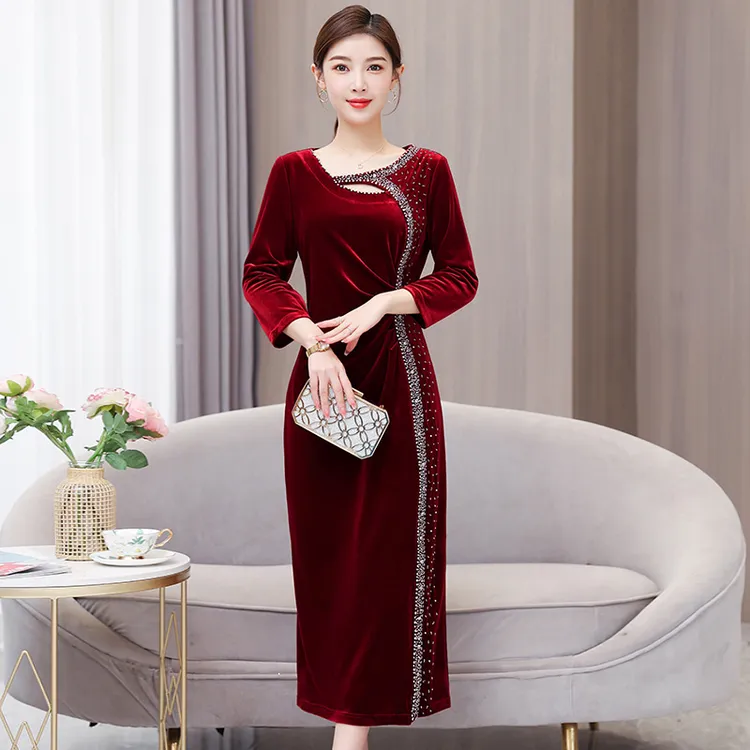金丝绒连衣裙女新款时尚妈妈婚宴礼服女平时可穿宴会高端洋气长裙
