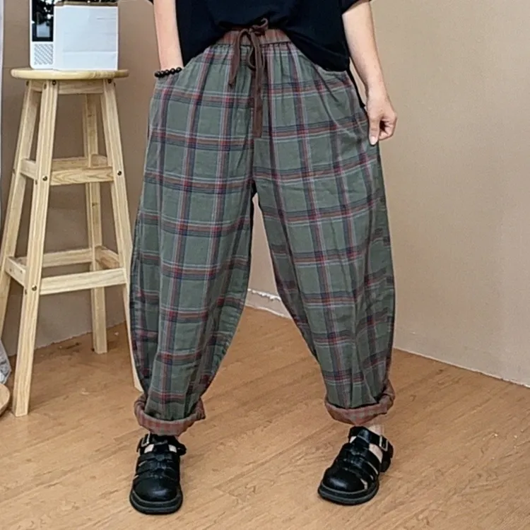 夏季新款棉纱显瘦宽松百搭复古格子松紧腰哈伦裤
