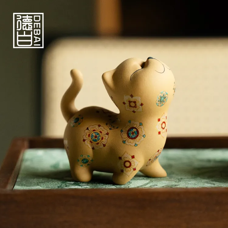 德白茶宠摆件黄金段紫砂宝相花可爱猫咪茶桌盖置陶瓷家居茶道配件