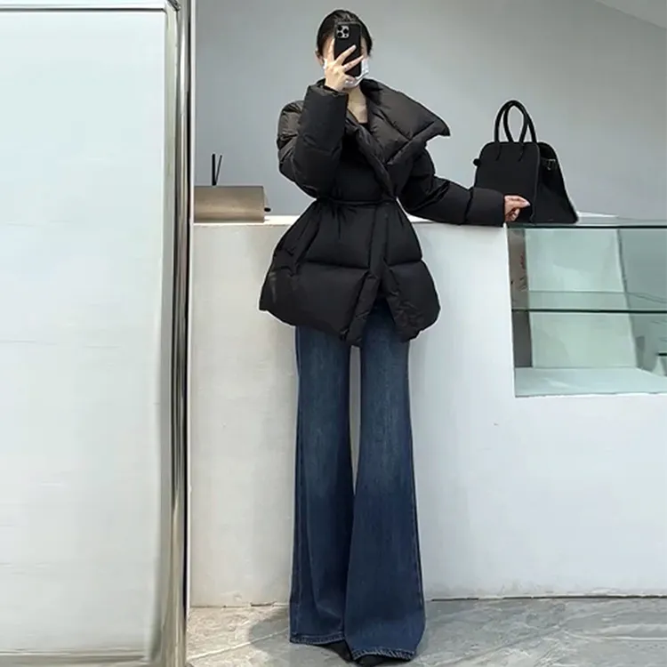 高个子遮胯阔腿微喇牛仔裤女不贴腿显瘦冬加绒宽松喇叭直筒拖地裤