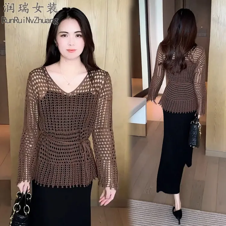 慵懒轻熟风时尚套装女2025秋季新款中长款针织罩衫吊带裙两件套潮