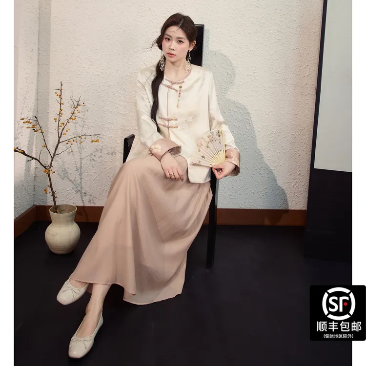 蓝语大码女装新中式国风套装秋温婉盘扣外套上衣显瘦半身裙02581