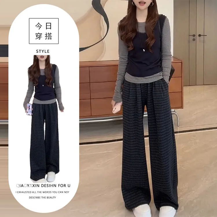 巨好看的两件套早秋穿搭一整套2025新款撞色长袖t恤休闲裤套装女