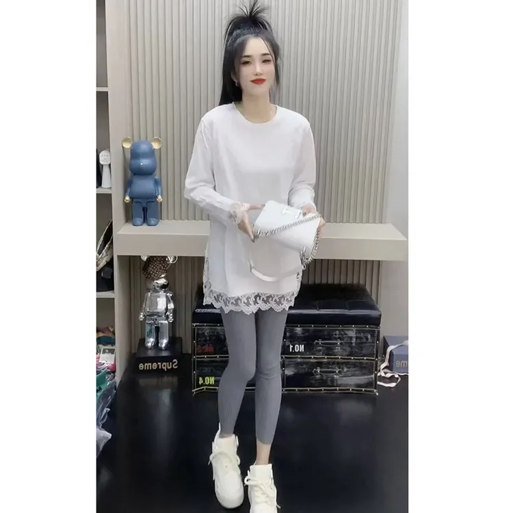 秋冬新款白色蕾丝加绒加厚拼接长袖打底衫2025高级显瘦中长款T恤