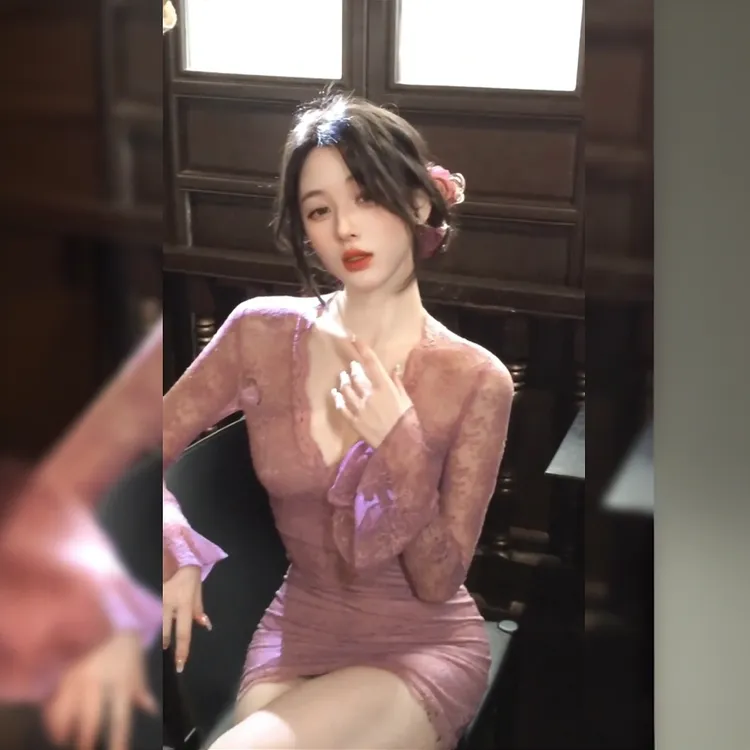 K6421大码法式收腰v领蕾丝连衣裙春夏微胖mm短裙包臀洋气衣服女