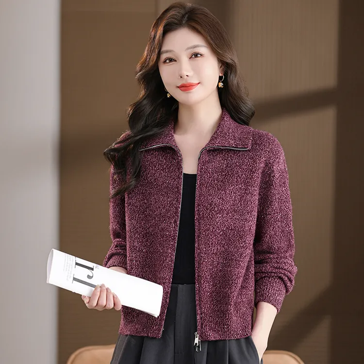 品牌女装羊毛外套女秋冬新款花纱针织开衫外穿长袖宽松拉链毛衣