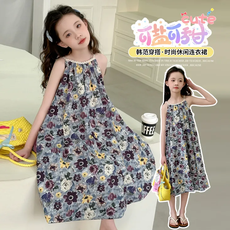 女童碎花连衣裙夏季2025新款儿童洋气时髦夏装女大童无袖吊带裙子