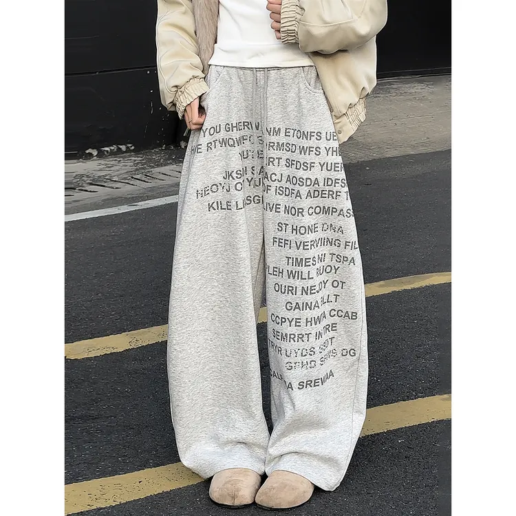 秋冬美式印花字母阔腿弯刀卫裤男加绒加厚长裤情侣百搭