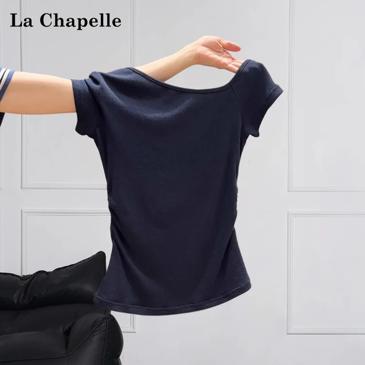 拉夏贝尔简约穿搭斜领露肩短袖T恤女夏季褶皱收腰显瘦百搭小上衣