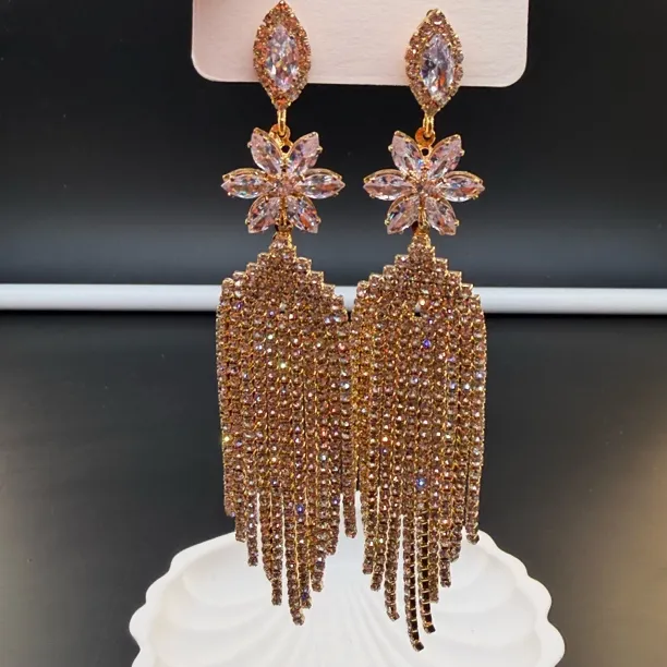 合金仿水晶耳饰 花朵长款流苏欧美高级感显