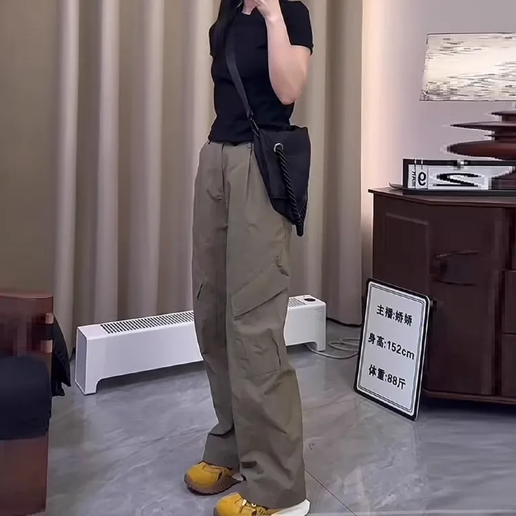 茶杏速干工装裤女2026夏季薄款透气高腰宽松显瘦户外休闲阔腿裤子