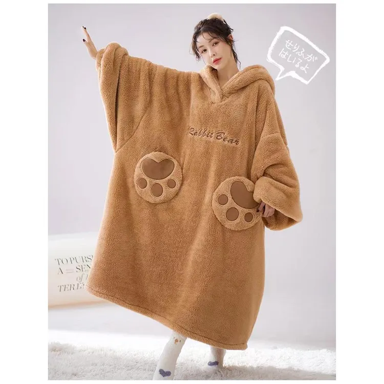 超大码宽松睡衣女秋冬款毛绒睡袍加绒加厚珊瑚绒情侣可外穿家居服