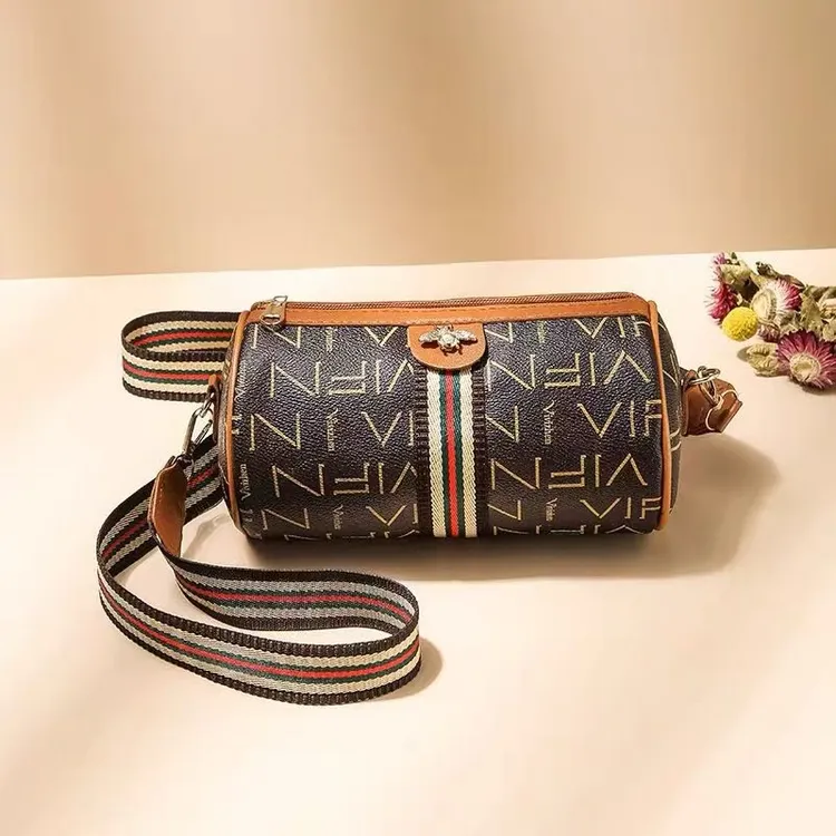 枕头包女士斜挎圆桶包韩版圆形包时尚单肩包包复古潮流印花圆筒包