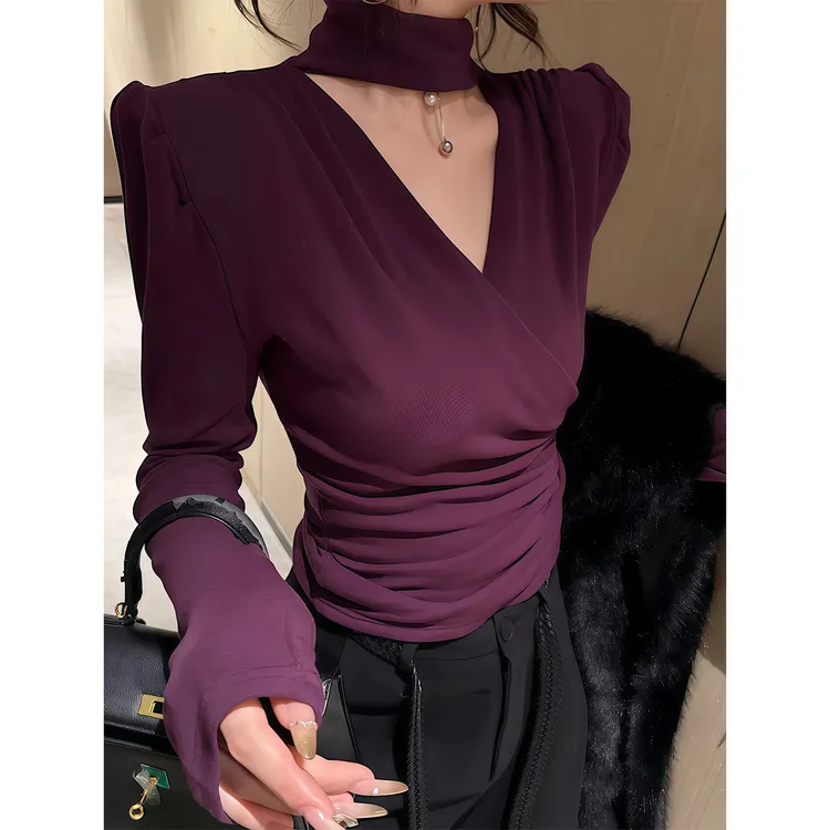 纯欲辣妹交叉V领长袖T恤女秋季新款修身显瘦高级感内搭打底上衣