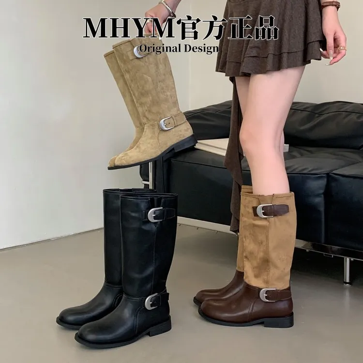 长筒拼接堆堆靴绒面拼色圆头中筒靴子2025春秋新款骑士靴子女