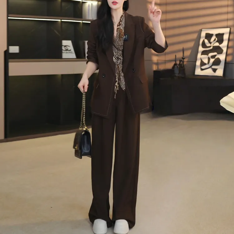韩版通勤时尚套装女2025年春秋新款宽松显瘦西装外套阔腿裤两件套
