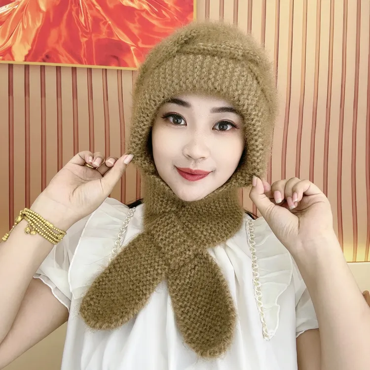 秋冬纯手工棋盘格松鼠绒编织风雪帽
