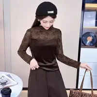 25191款韩版提花丝绒拼接长袖打底小众洋气遮肉显瘦百搭上衣