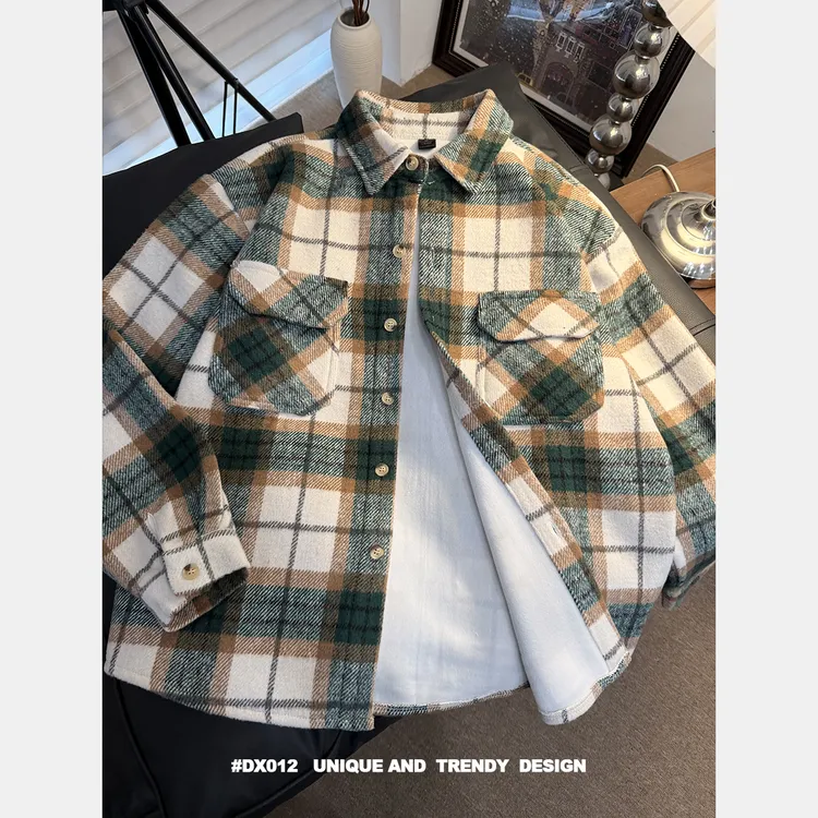 秋冬加绒保暖毛呢外套加厚复古休闲衬衫格子男士外套宽松格纹夹克