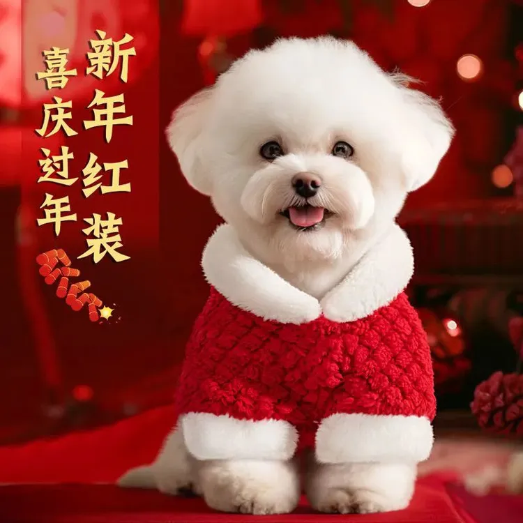 狗狗衣服秋冬新款比熊泰迪雪纳瑞小型犬加绒宠物新年可牵引拜年服