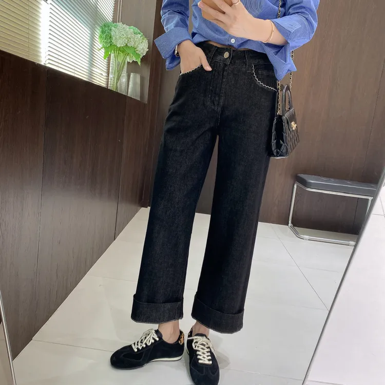 IMFLY金小金自制女装 牛仔裤DYK2855早秋韩版翻边高腰九分裤