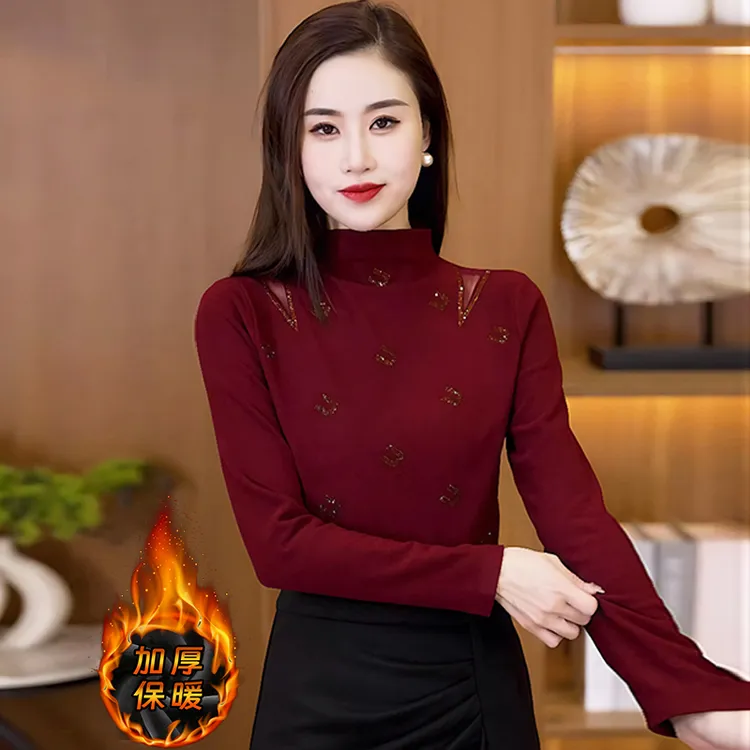 高档烫钻长袖t恤女士德绒打底美肤衣2024冬季加厚半高领修身上衣