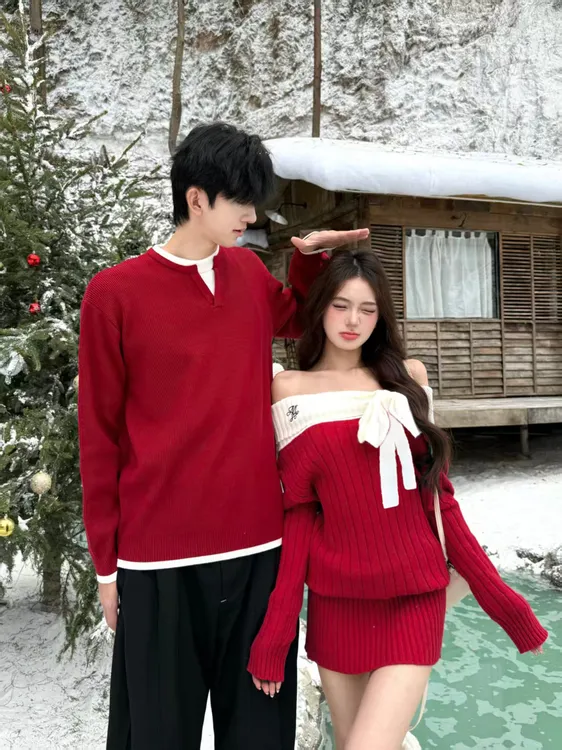 情侣装冬季网红毛针织衫蝴蝶结一字肩宽松连衣裙假两件毛衣