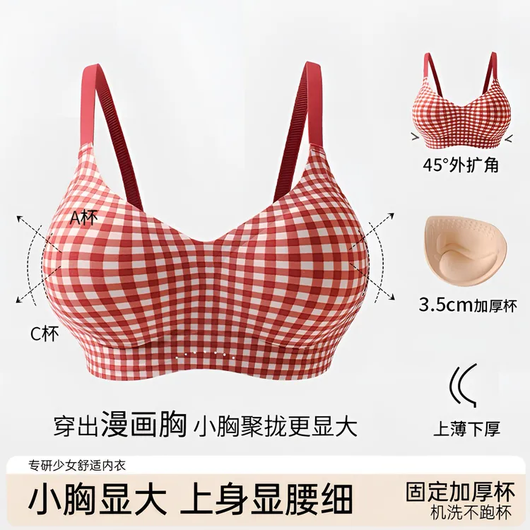 新款加厚外扩无痕内衣女小胸聚拢显大无钢圈收副乳防下垂格子文胸