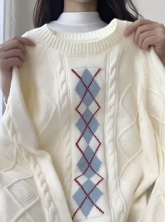 韩系高级感菱格软糯圆领毛衣女2025年秋冬季新款气质显瘦减龄上衣