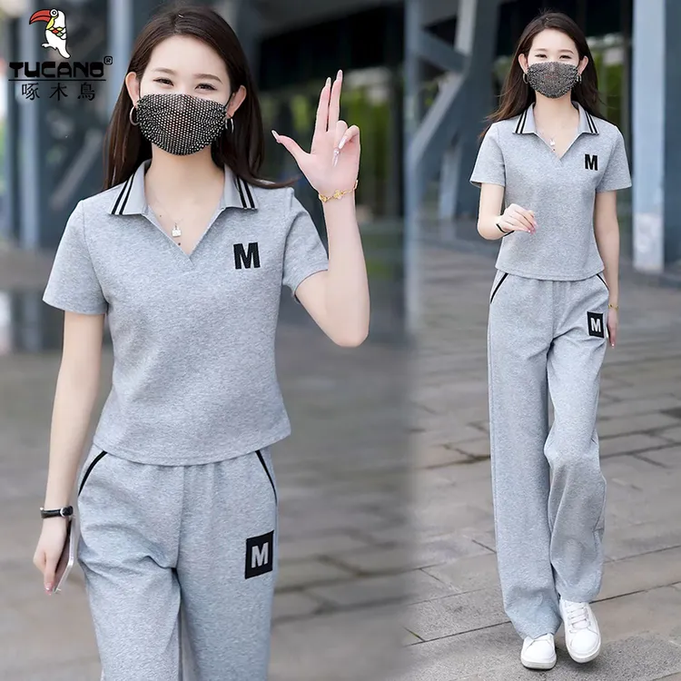 啄木鸟纯棉休闲运动套装夏季新款短袖女运动服减龄洋气时尚两件套