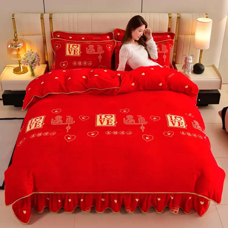 大红牛奶绒四件套喜庆双面绒被套红色床裙款牛奶绒四件套床上用品