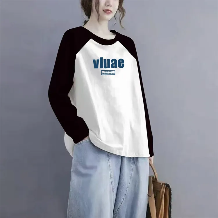 2025春秋新款圆领插肩长袖t恤韩版减龄大码宽松显瘦女装内搭上衣