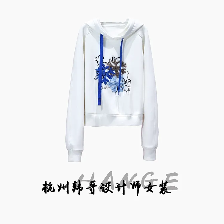 【韩哥欧货女装】冬季麂皮绒加厚《雪花》白色刺绣连帽卫衣6028-K1