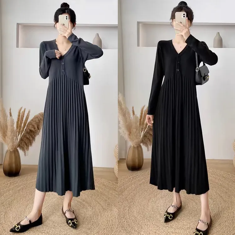 秋季上新时尚减龄设计感胖MM显瘦V领长袖连衣裙韩版时尚针织长裙