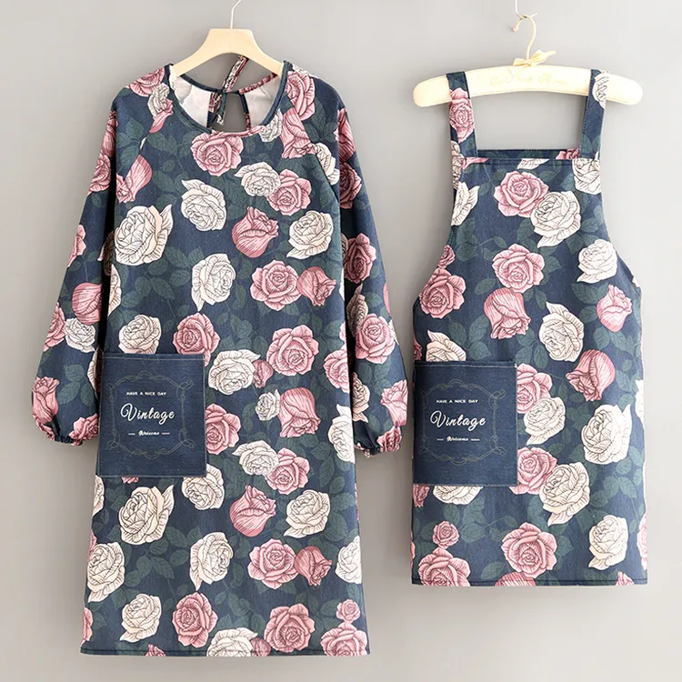 帆布围裙厨房家用长袖罩衣大人女防污韩版时尚耐磨做饭围腰工作服