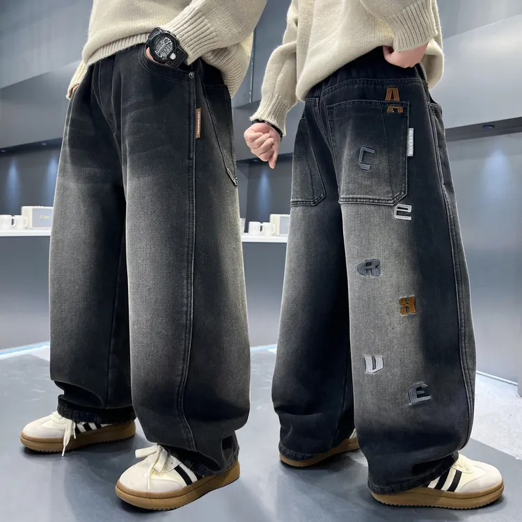 男童加绒裤子2025新款牛仔裤秋冬一体绒大儿童冬装直筒男孩长裤潮