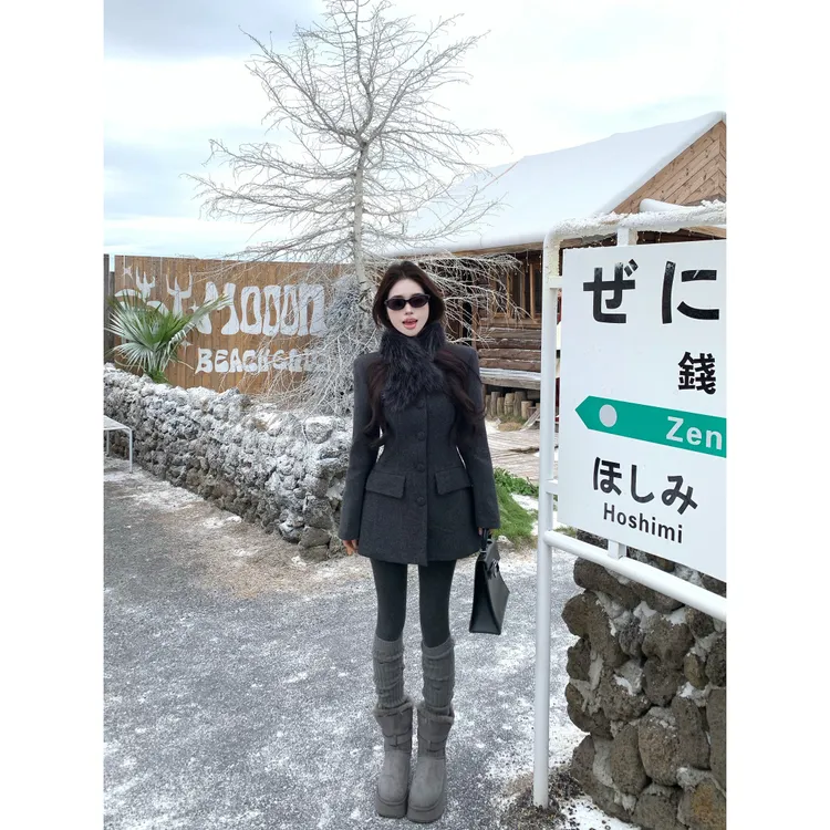 老钱风韩系气质收腰大衣女2025冬季新款小香风毛呢外套