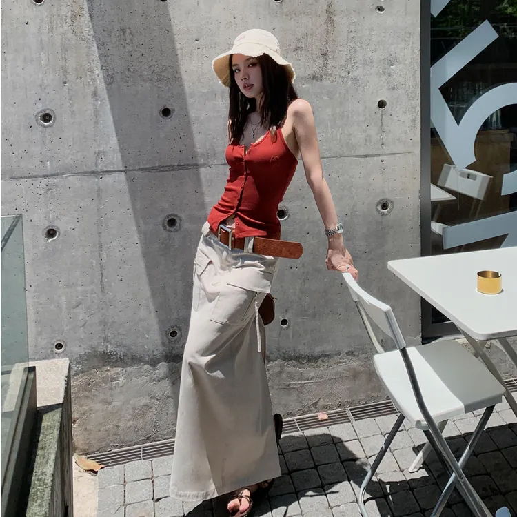 挂脖刺绣吊带背心女2025夏季欧美ins辣妹修身显瘦上衣低腰工装裙